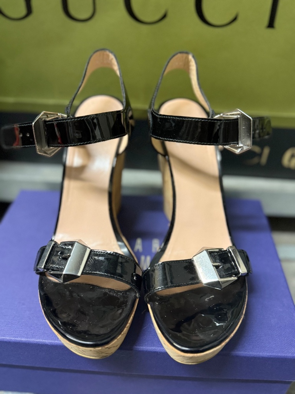 Stuart Weitzman Patent Leather Cork Wedges Espadrilles, Size 37.5